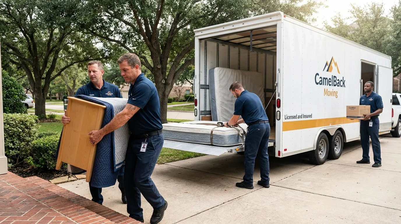 Crew loading residential truck for cross-state move from Jay, ME