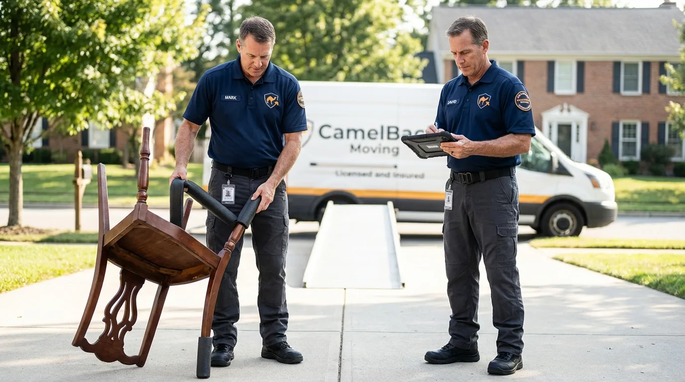 Movers inspecting furniture for damage prevention before loading in Jay, ME