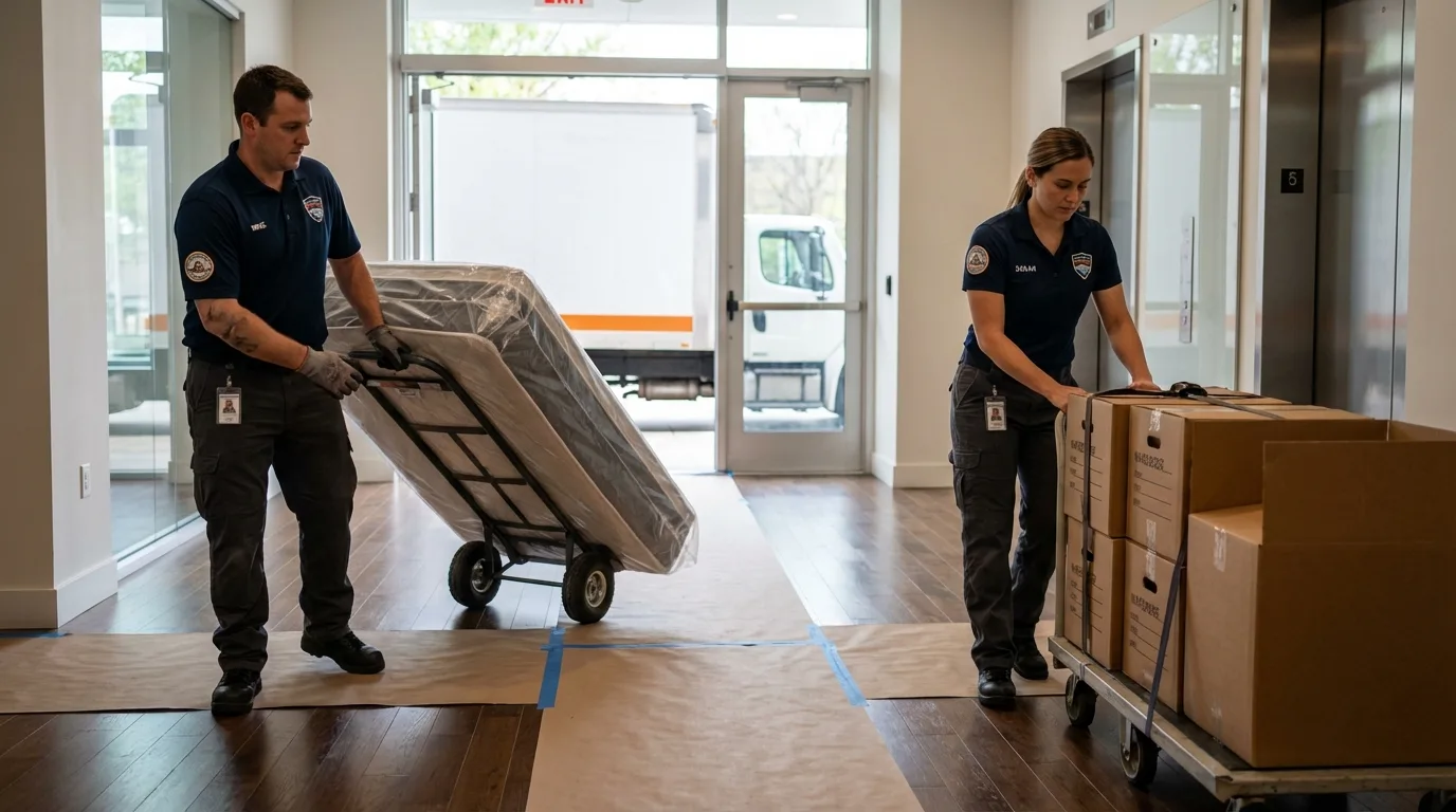 Professional apartment movers loading elevator in Jay, ME
