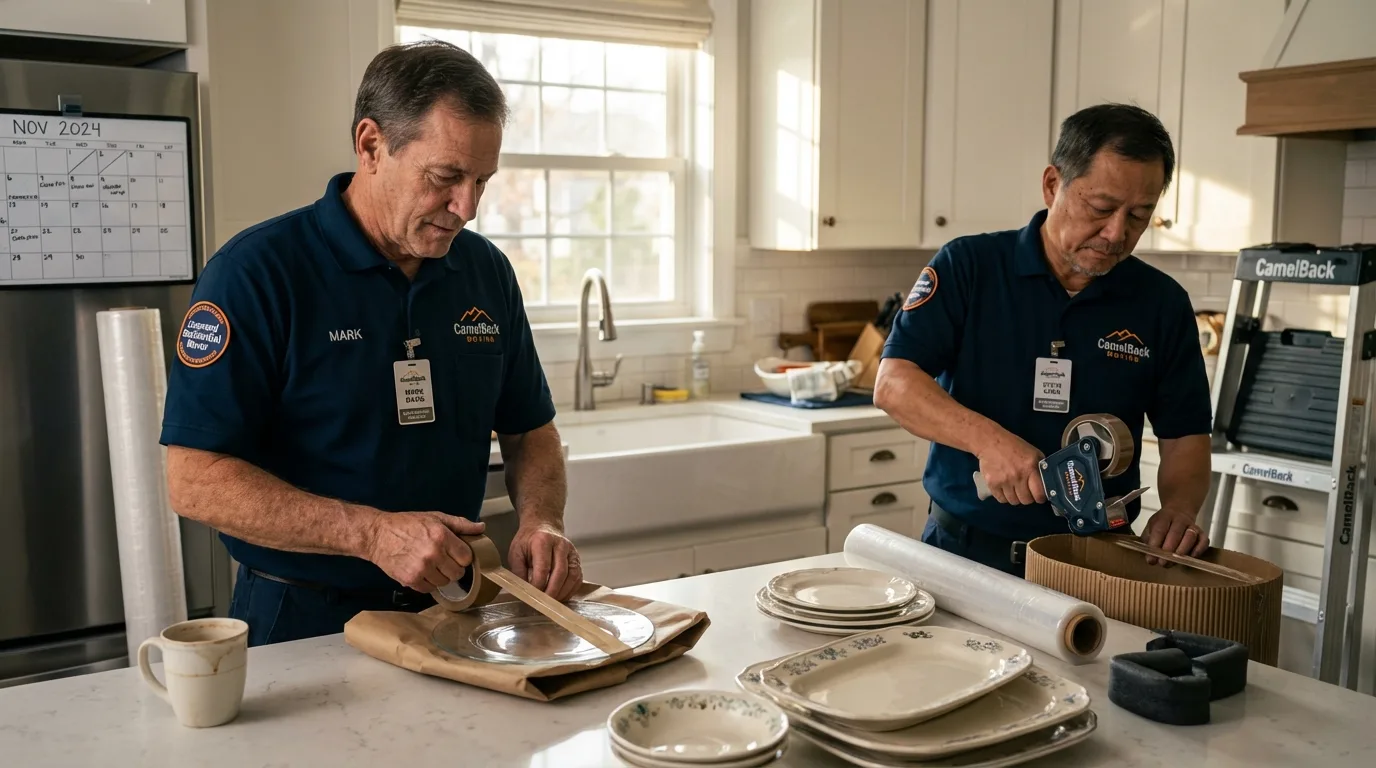 Professional crew packing kitchen dishware in Jay, ME